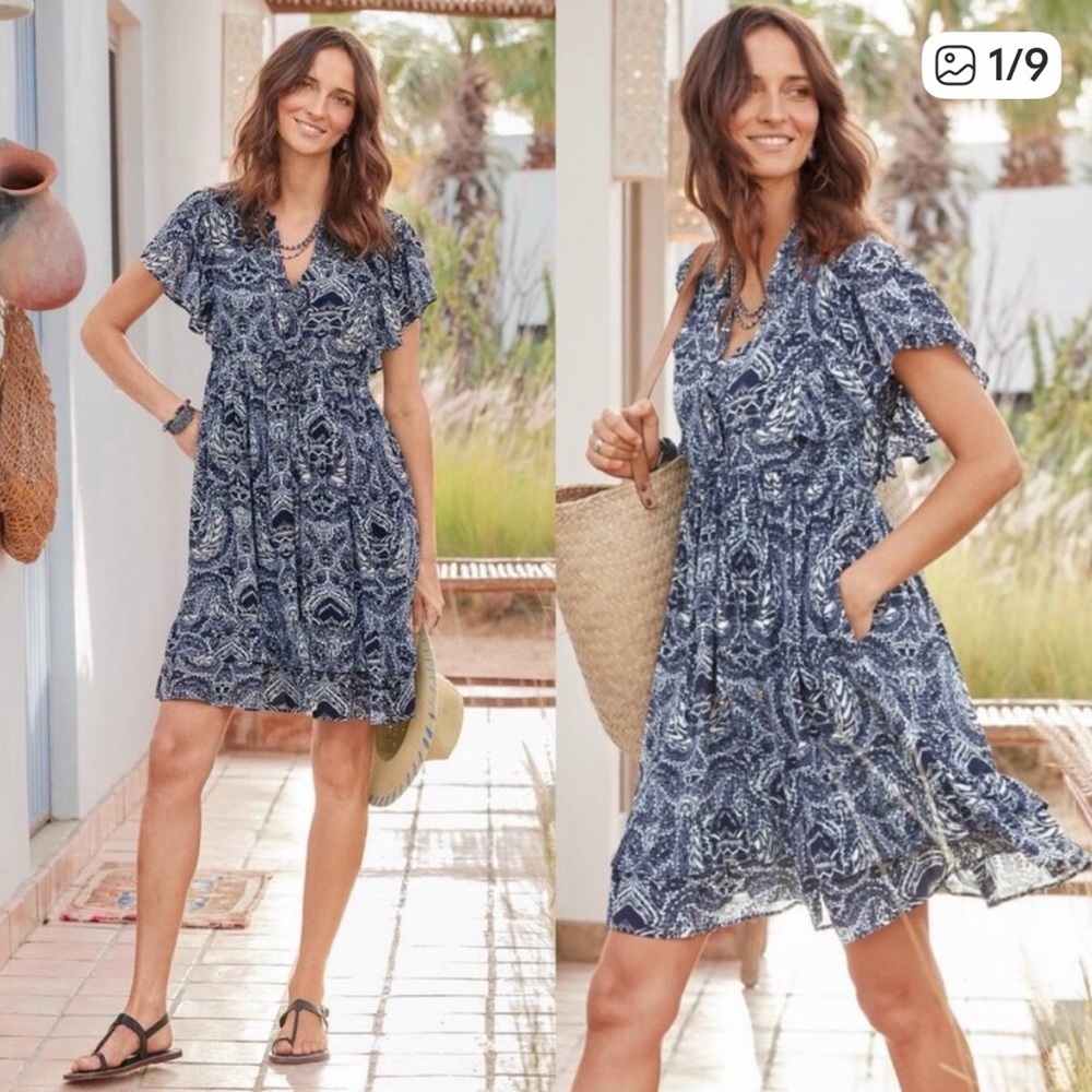 Sundance Skye Dress V Neck Flutter Sleeve Adjustable Tie Waist Pockets Small